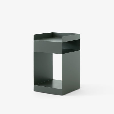 Rotate SC73 Side Table in Hunter Green by &Tradition – functional steel table featuring open shelving and a sleek profile.