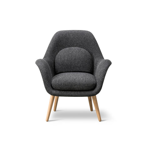 Swoon Dining Chair with natural oak wood base in dark grey fabric, front view.