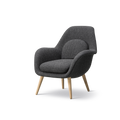 Fredericia Swoon Dining Chair with oak wood legs and dark grey upholstery, angled product view.