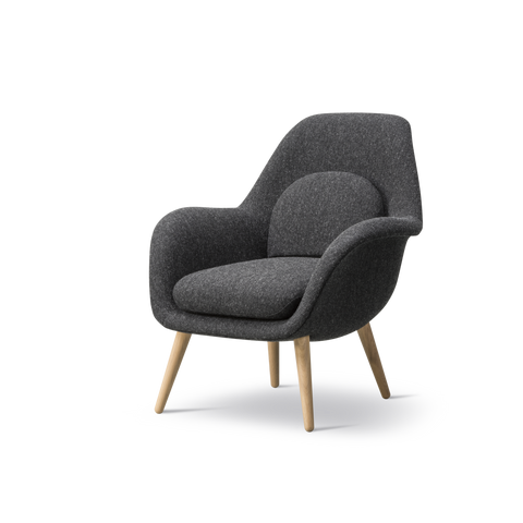 Fredericia Swoon Dining Chair with oak wood legs and dark grey upholstery, angled product view.
