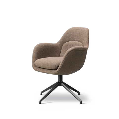 Fredericia Swoon Chair swivel with black four star base, Carlotto 404 brown fabric, three quarter view