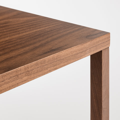 Blu Dot Strut Coffee Table corner detail in walnut showing the angled wood truss construction