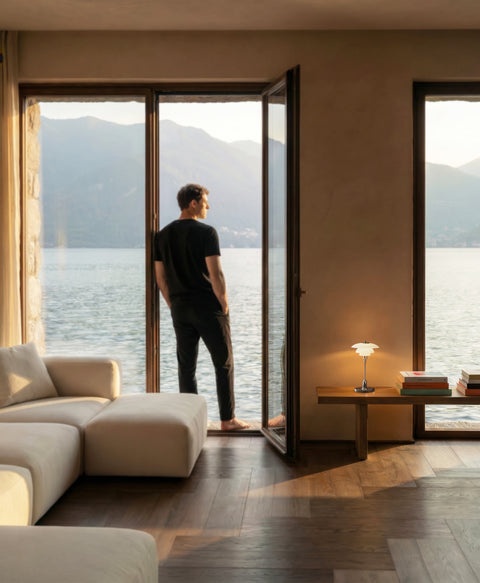 Louis Poulsen PH 1/1 Portable lamp in chrome glowing on a wooden tray in a sunlit living room