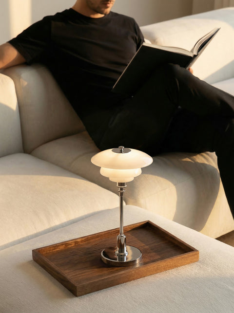 Man reading on a sofa beside the lit Louis Poulsen PH 1/1 Portable lamp in chrome