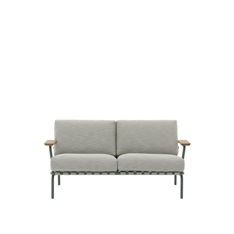 muuto 2 seater outdoor settle sofa in Ribbed Weave 2 and Dark Green