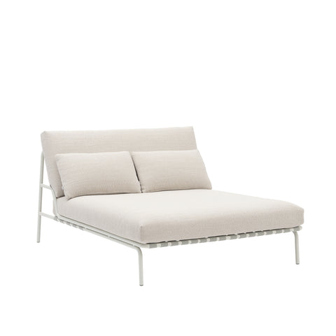Muuto Settle Lounge Bed in light grey steel frame with laze grey quick dry cushions, angled view