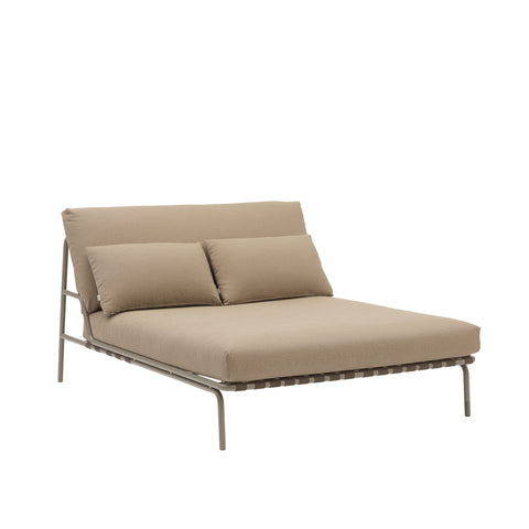 Muuto Settle Lounge Bed in taupe with ribbed weave outdoor cushions, angled view of modern Scandinavian patio daybed