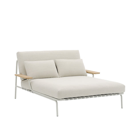 Muuto Settle Lounge Bed with Armrest in light grey fabric — minimalist Scandinavian outdoor furniture with wood detail