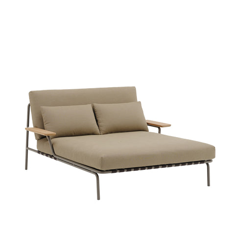 Muuto Settle Lounge Bed with Armrest in taupe ribbed weave — Scandinavian outdoor lounge seating, minimalist design