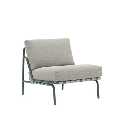 Muuto Settle lounge chair in dark green metal frame with ribbed weave upholstery