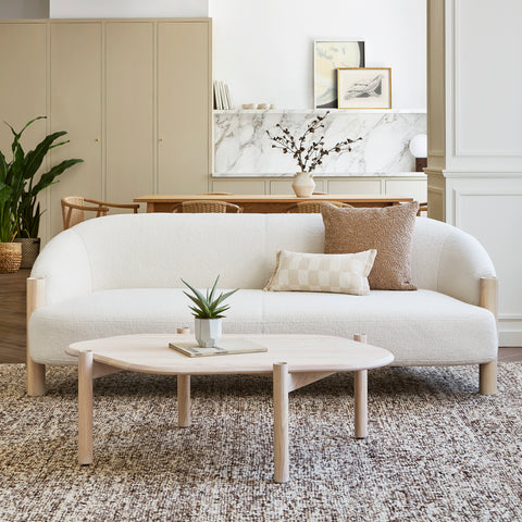 Gus Modern Spadina Sofa in Auckland Willow bouclé with natural ash legs, styled in a warm Scandinavian living room