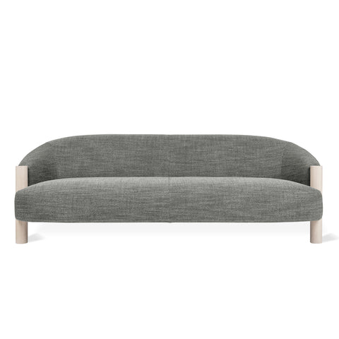 Gus Modern Spadina Sofa in Rosslyn Legacy grey woven fabric with curved barrel back and natural ash wood legs