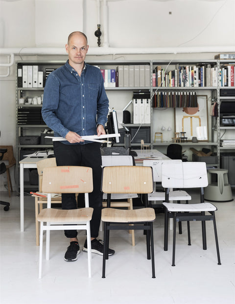 Thomas bentzen showing the loft chairs he designed for muuto