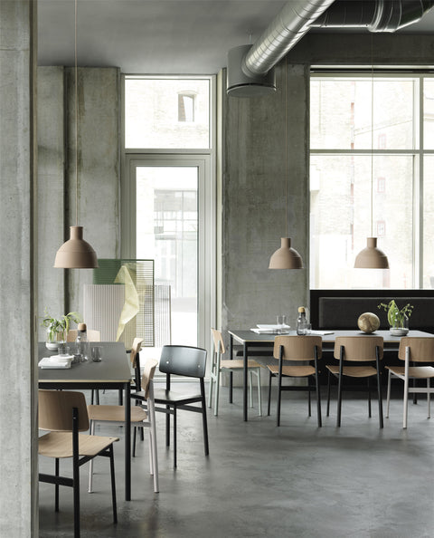 scandinavian loft chairs in a restaurant designed by muuto