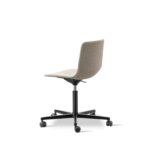 Fully upholstered Fredericia Pato desk chair, swivel base with wheels, comfortable task seating for home office