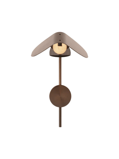 Bronzed aluminium Wing Wall Lamp lit, shade folded open over a mesh diffuser and glowing bulb