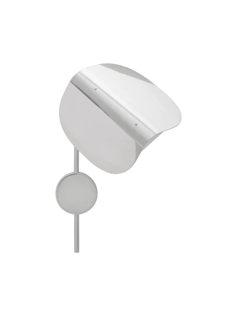 Polished aluminium Wing Wall Lamp seen from the side, shade curled forward above a round wall mount