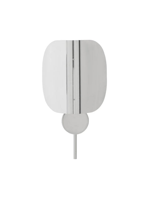 Audo Copenhagen Wing Wall Lamp in polished aluminium, curved shade flat against a round wall mount