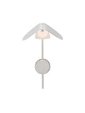 Polished aluminium Wing Wall Lamp with shade folded open over a mesh diffuser and bulb on a slim stem