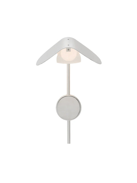 Polished aluminium Wing Wall Lamp with shade folded open over a mesh diffuser and bulb on a slim stem