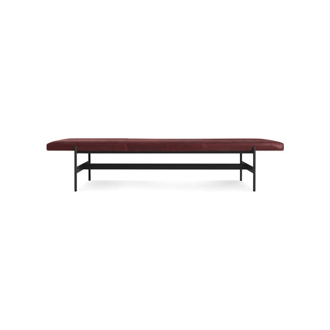 Daybench Jumbo by Blu Dot in Oxblood with Oblivion legs, low front view