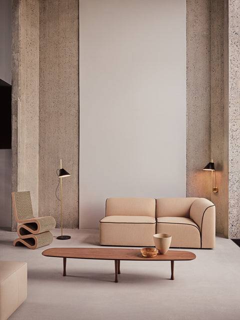 mid century modern interior with walnut coffee table