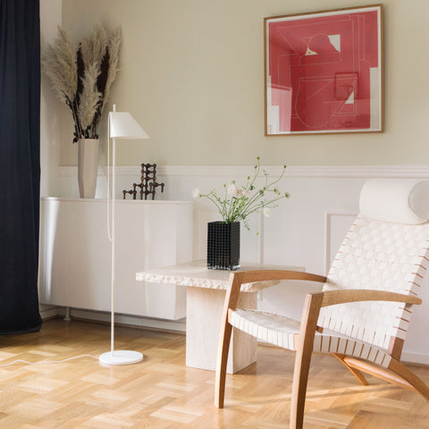 scandinavian modern interior with lounge chair and 