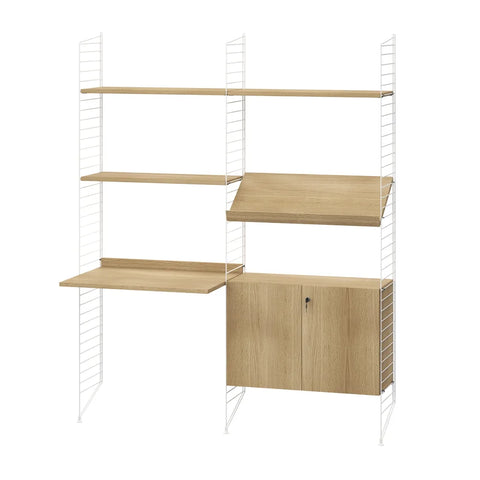 String® System modular shelving in oak with desk, magazine shelf, and secure cabinet with lock