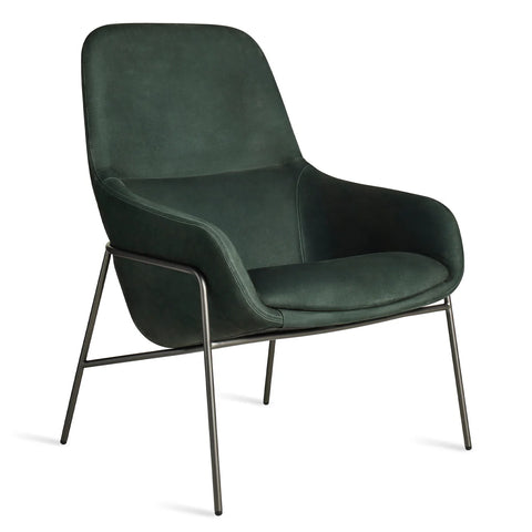 Blu Dot Acre Lounge Chair in forest green velvet with gunmetal steel legs, three-quarter front view on white background