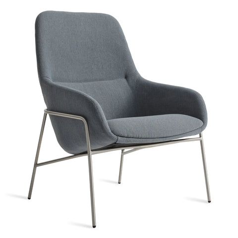 Blu Dot Acre Lounge Chair in slate blue woven fabric with brushed steel legs, three-quarter front view on white background