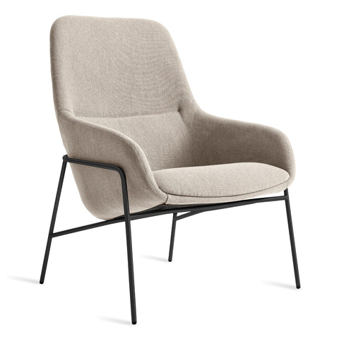 Blu Dot Acre Lounge Chair in sandy beige woven fabric with black steel legs, three-quarter front view on white background
