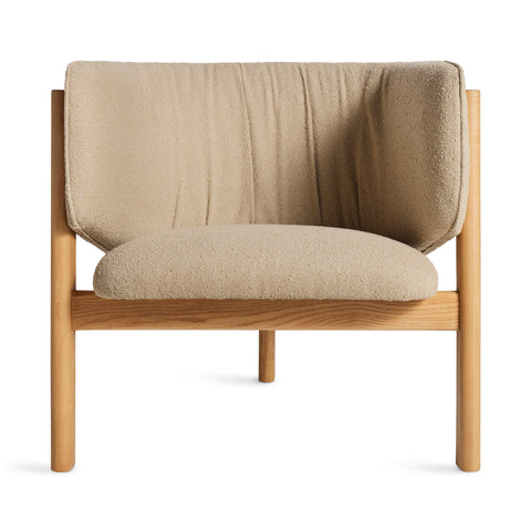 Blu Dot All In Lounge Chair in cream boucle with natural oak frame, front view