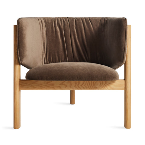 Blu Dot All In Lounge Chair in brown velvet with natural oak frame, front view