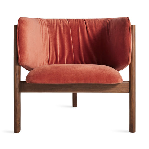 Blu Dot All In Lounge Chair in tomato velvet with walnut frame, front view