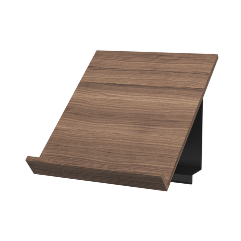 String Furniture Pira Magazine Shelf in walnut with a black grey bracket, wood magazine display shelf, white background packshot