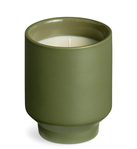 Lost in the Mild Outdoor Candle by Blu Dot in Olive painted ceramic vessel, small size, front view with lid on