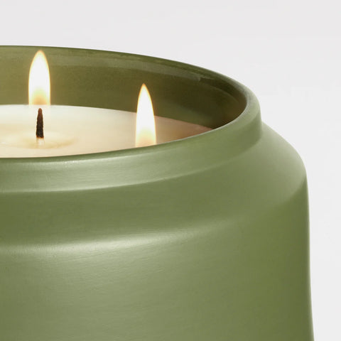 Lost in the Mild Outdoor Candle by Blu Dot, large size in Olive ceramic vessel, 4-wick detail with plant-based wax lit