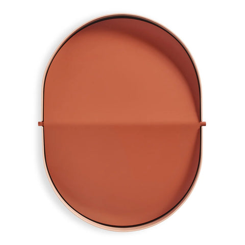 Blu Dot Binwell Wastebasket in Blush overhead view showing two-tone swing-top lid