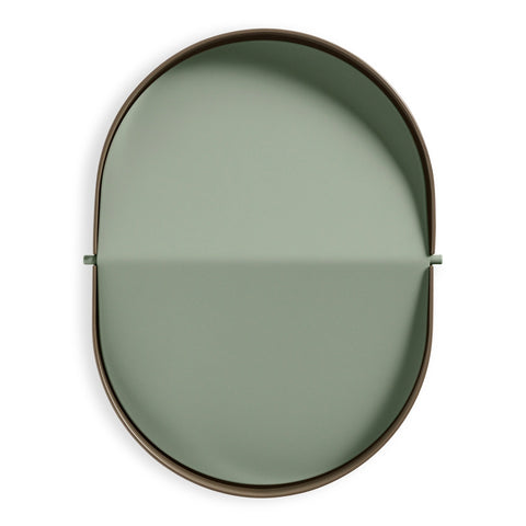 Blu Dot Binwell Wastebasket in Dark Olive overhead view showing two-tone swing-top lid