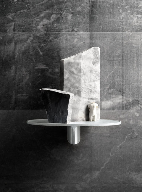 Museum NM&.045 shelf by String™ in light grey styled with marble blocks and miniature sculpture on stone wall
