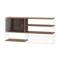 White Magazine Shelf Metal by String™ integrated with walnut shelves and cabinet in modular String System setup.