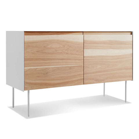 Blu Dot Clad 2 Door Credenza in Hickory/White three-quarter view showing hickory doors with white steel case on white background