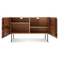 Blu Dot Clad 2 Door Credenza in Walnut/Oblivion open view showing adjustable interior shelves on white background