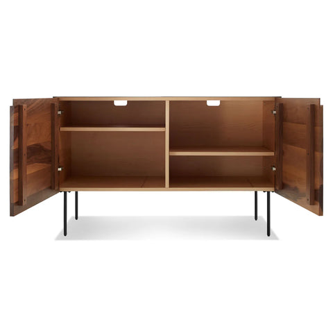 Blu Dot Clad 2 Door Credenza in Walnut/Oblivion open view showing adjustable interior shelves on white background