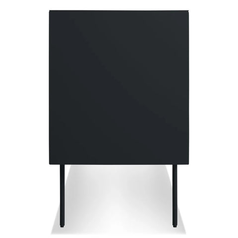 Blu Dot Clad 2 Door Credenza in Walnut/Oblivion side view showing black powder-coated steel case on white background