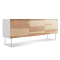 Blu Dot Clad 3 Door Credenza in Hickory/White three-quarter view showing solid hickory doors with white steel case on white background