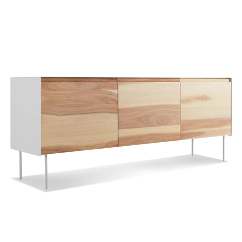 Blu Dot Clad 3 Door Credenza in Hickory/White three-quarter view showing solid hickory doors with white steel case on white background