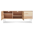Blu Dot Clad 3 Door Credenza in Hickory/White open view showing adjustable interior shelves with white steel case on white background