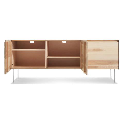Blu Dot Clad 3 Door Credenza in Hickory/White open view showing adjustable interior shelves with white steel case on white background