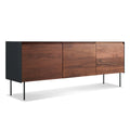 Blu Dot Clad 3 Door Credenza in Walnut/Oblivion three-quarter view showing solid walnut doors with black steel case on white background